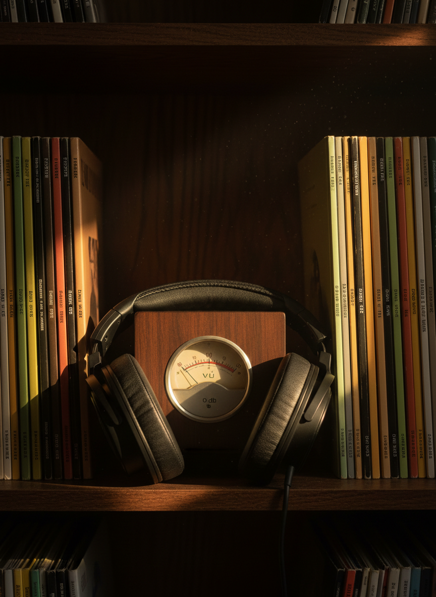 A pair of high-fidelity studio headphones made of matte black metal and soft charcoal leather, carefully placed around a small, analog VU meter resting on a dark oak shelf. Surrounding them are rows of neatly arranged vinyl records in muted earth-tone covers, their spines aligned with almost meditative precision. The scene is lit by warm, late-afternoon light entering from an unseen window, creating soft highlights along the metal edges and deep, velvety shadows between the records. Dust particles subtly float in the air, frozen in the light beam, evoking a sense of stillness amid potential sound. Photographic realism, slightly elevated angle, with a balanced composition that invites the viewer to contemplate the boundary between noise, silence, and meaningful signal.